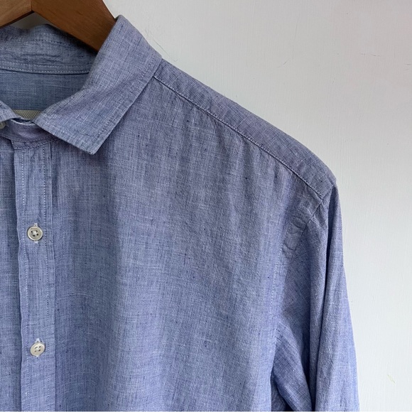 Oliver Spencer Shirt Size 15.5" Blue Long Sleeve Button Cuff Cotton Linen Blend - Picture 3 of 11